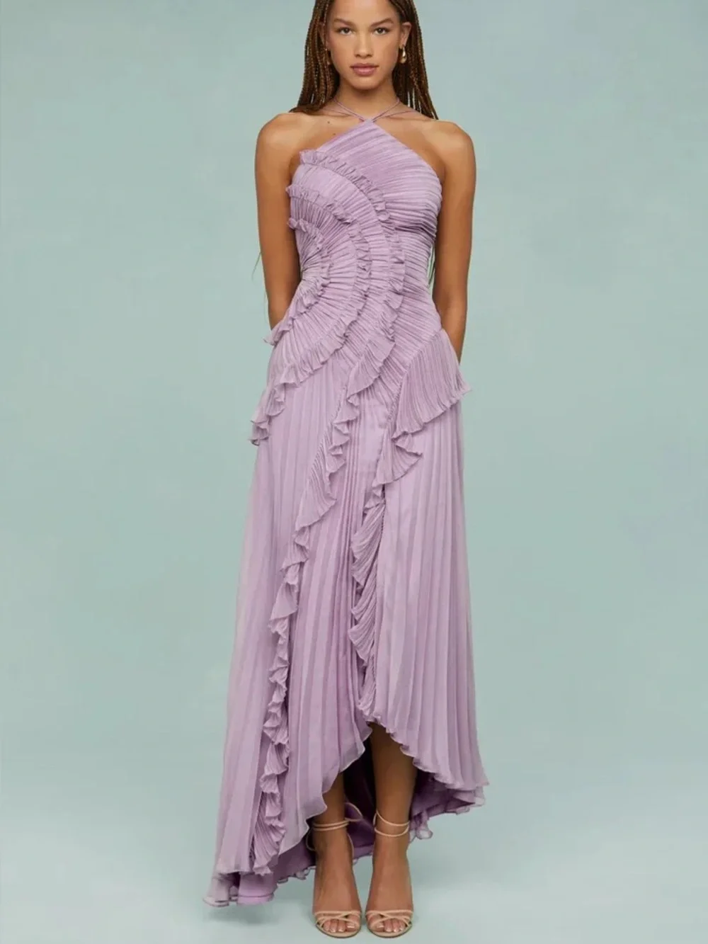 Halter Ruffle Pleated Maxi Dress - Picture 1 of 8